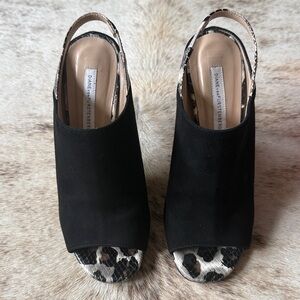 Diane Von Furstenberg DVF 6.5 Violet Black Suede Slingback Cheetah Peep-Toe Heel